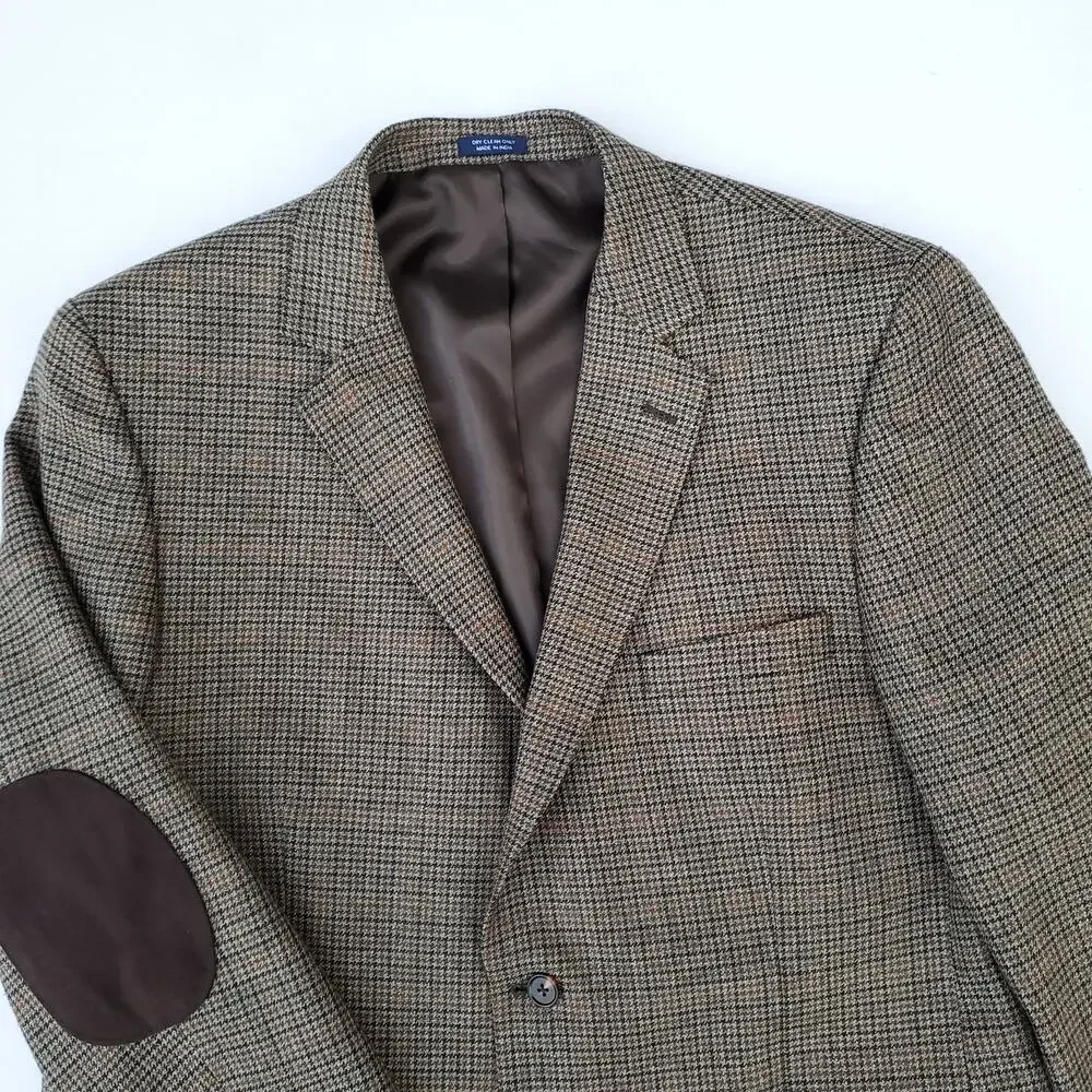 Saddlebred Blazer Sport Coat Academia Wool Blend Elbow Patch Houndstooth 48R